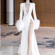 高端晚礼服裙女2025新款宴会法式气质轻奢小众高级感羽毛开叉年会